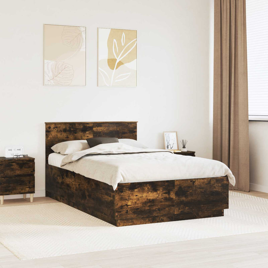 Bedframe met hoofdeinde Gerookt eiken 135 x 190 cm Bewerkt hout