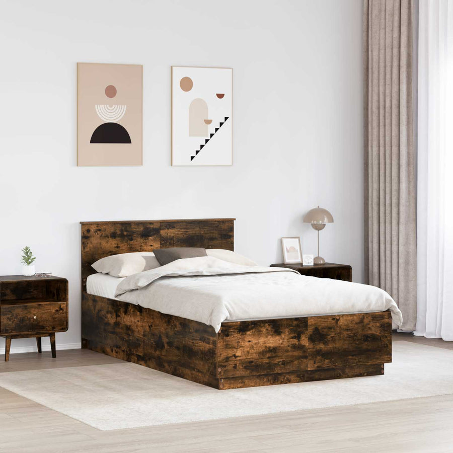 Bedframe met hoofdeinde Gerookt eiken 135 x 190 cm Bewerkt hout