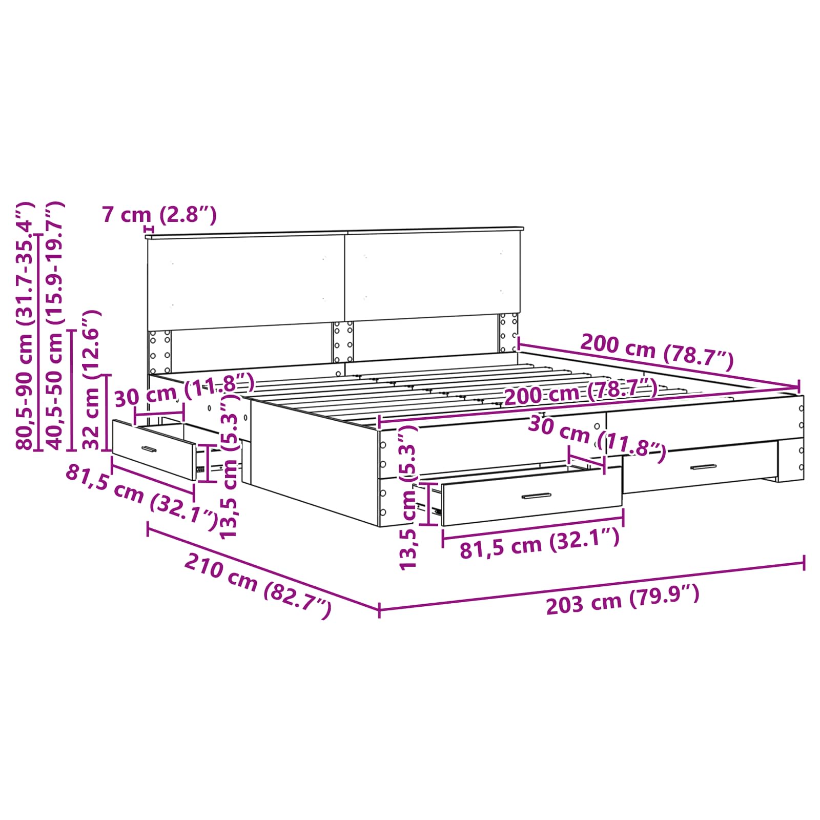Bedframe met lade met hoofdeinde met opslag Bewerkt hout
