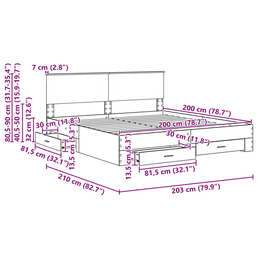 Bedframe met lade met hoofdeinde met opslag Bewerkt hout