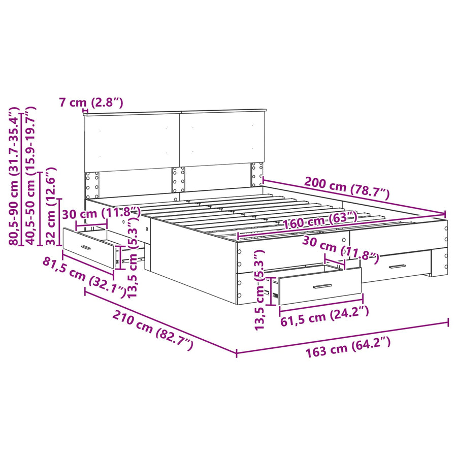 Bedframe met hoofdeinde met lade Wit 160 x 200 cm Bewerkt hout