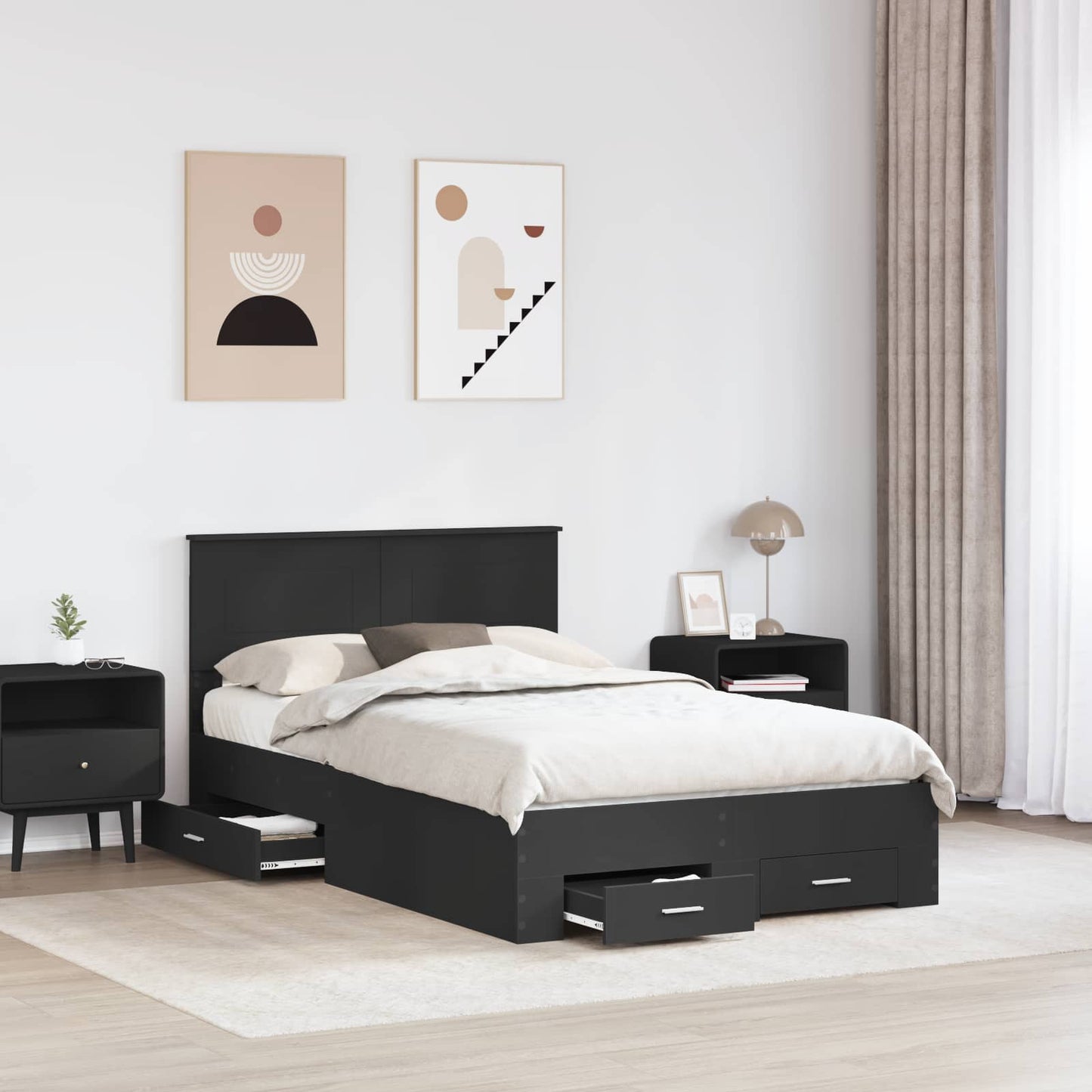 Bedframe met hoofdeinde Zwart 135 x 190 cm Bewerkt hout