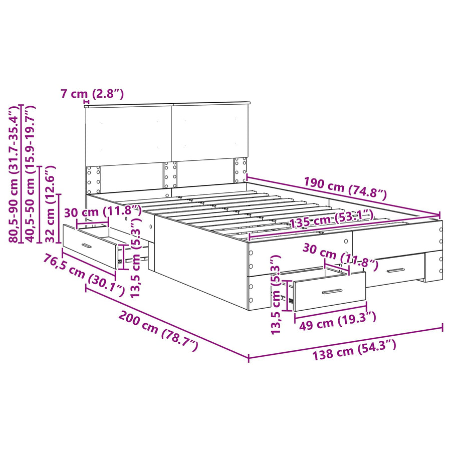 Bedframe met hoofdeinde Zwart 135 x 190 cm Bewerkt hout