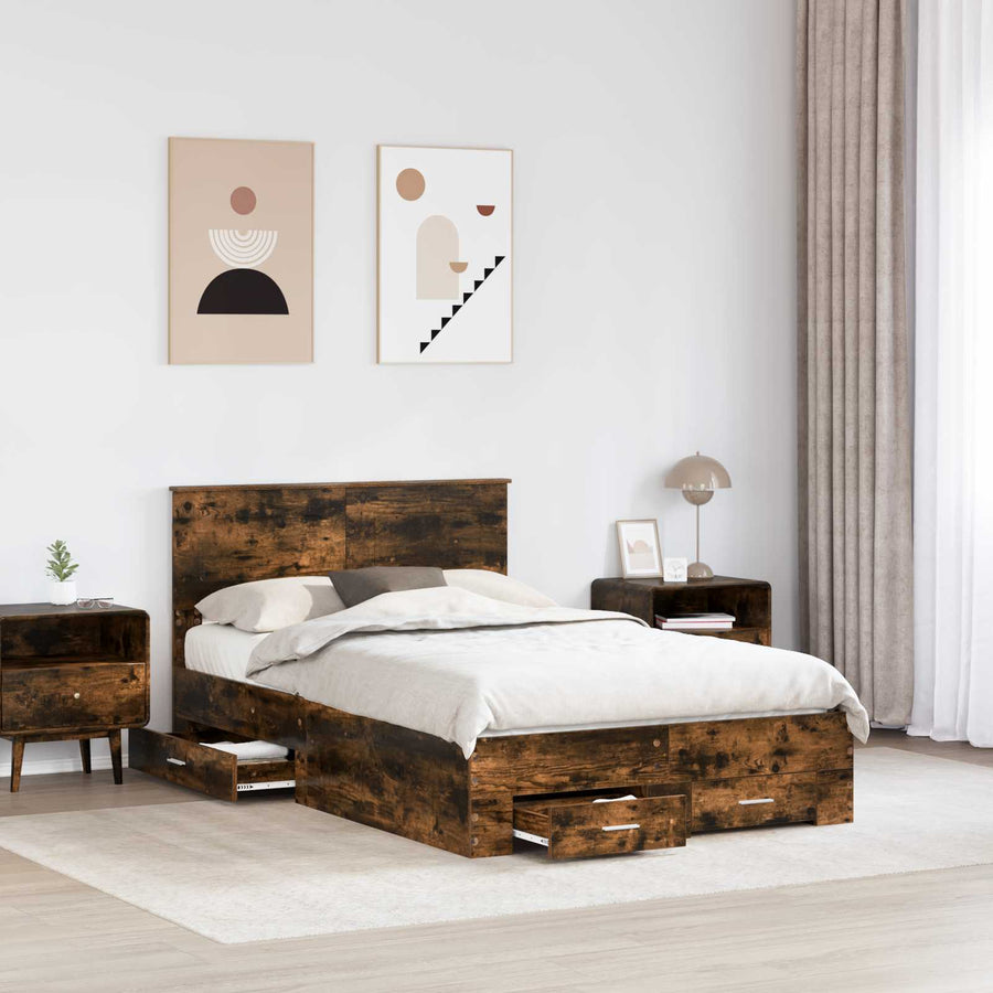 Bedframe met hoofdeinde Gerookt eiken 135 x 190 cm Bewerkt hout