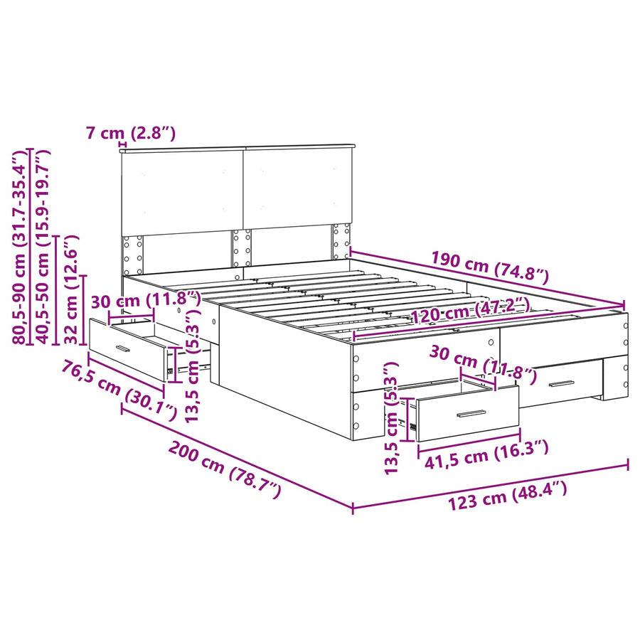 Bedframe met hoofdeinde Grijs Sonoma 120 x 190 cm Bewerkt hout