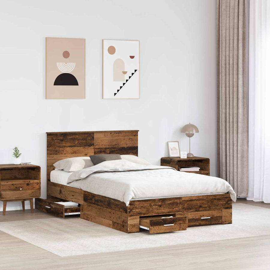 Bedframe met hoofdeinde Oudhout 120 x 190 cm Bewerkt hout