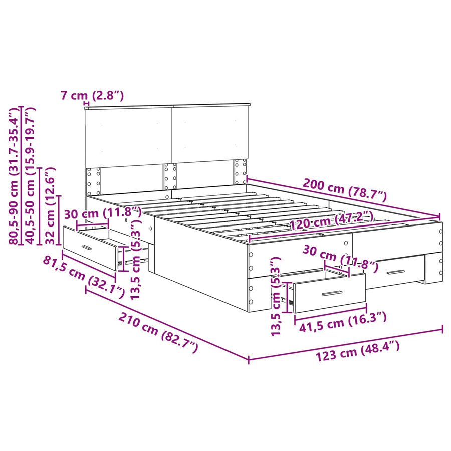 Bedframe met hoofdeinde Sonoma Eiken 120 x 200 cm Bewerkt hout