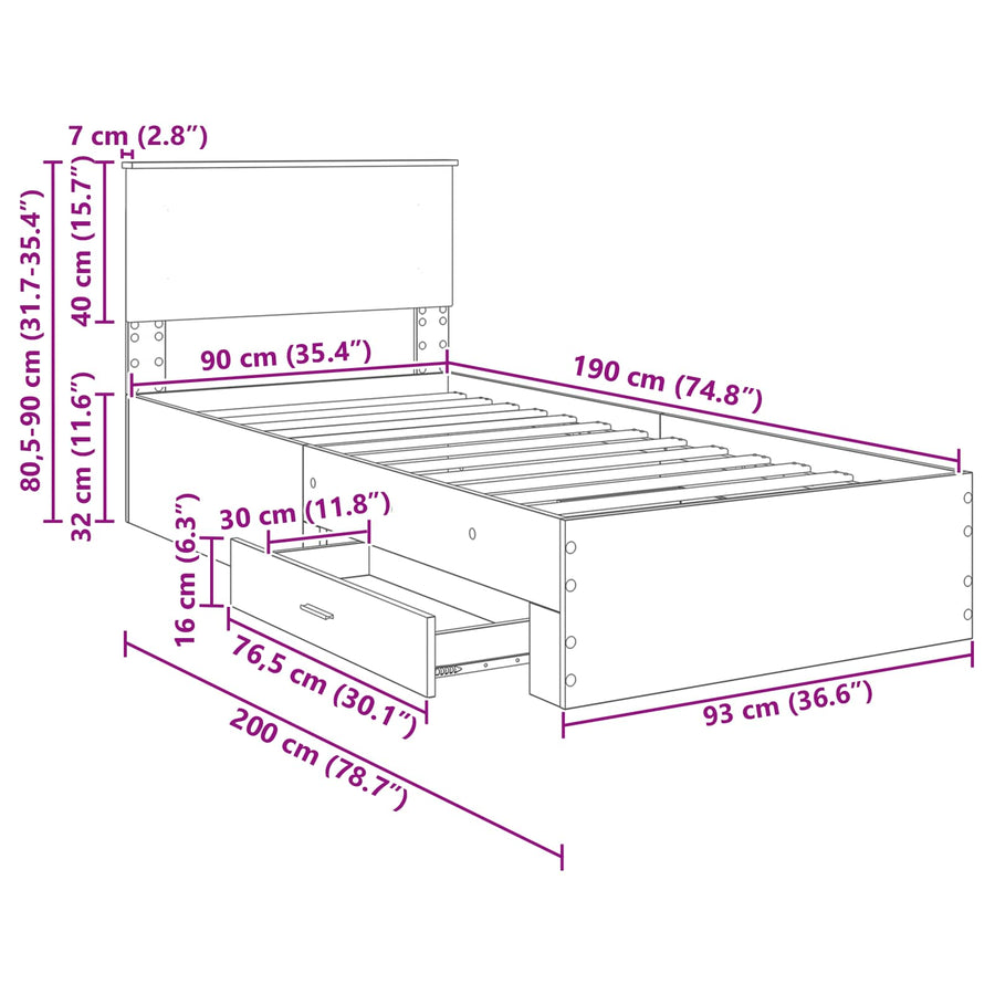 Bedframe met hoofdeinde Gerookt eiken 90 x 190 cm Bewerkt hout