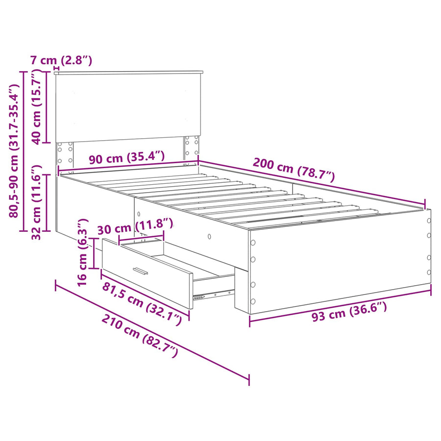 Bedframe met hoofdeinde Sonoma Eiken 90 x 200 cm Bewerkt hout
