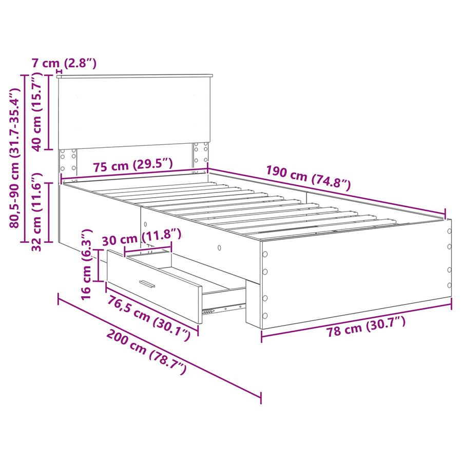 Bedframe met lade Zwart en Zilver 75 x 190 cm Bewerkt hout