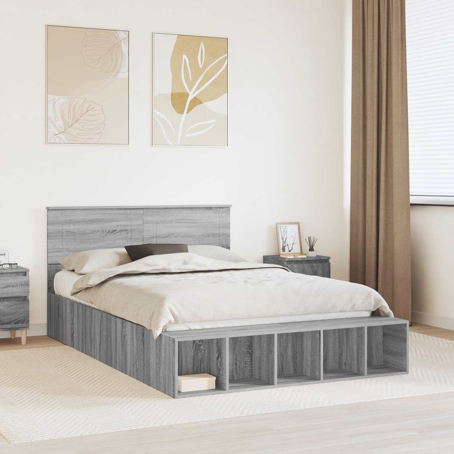 Bedframe met plank Grijs Sonoma 140 x 200 cm Bewerkt hout