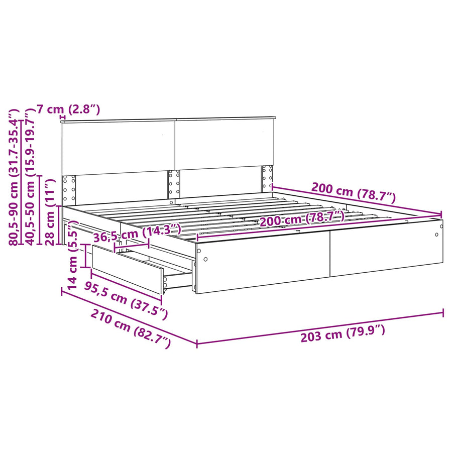 Opslag bed met hoofdeinde Beton Grijs 200 x 200 cm Bewerkt hout