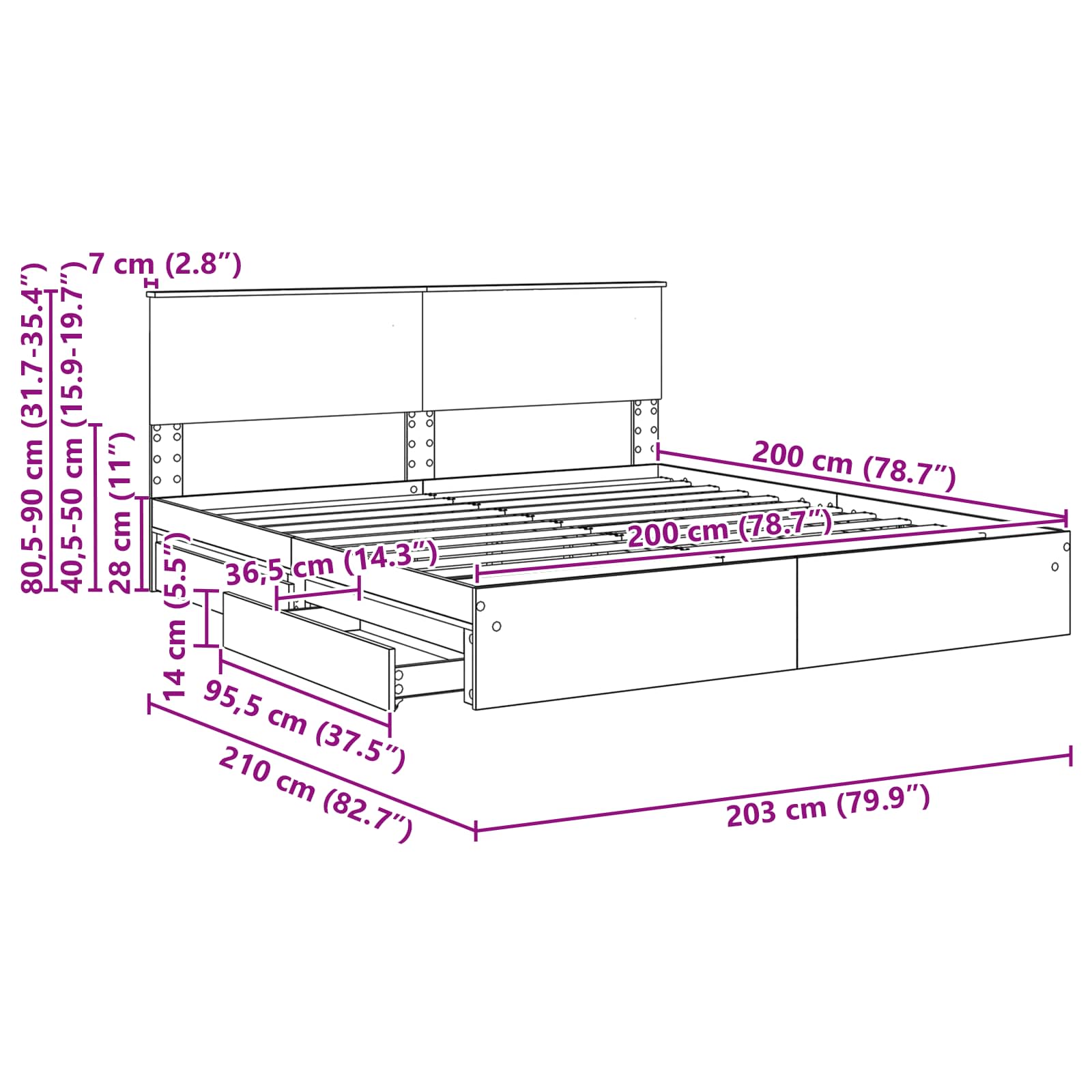 Opslag bed met lade Grijs Sonoma 200 x 200 cm Bewerkt hout