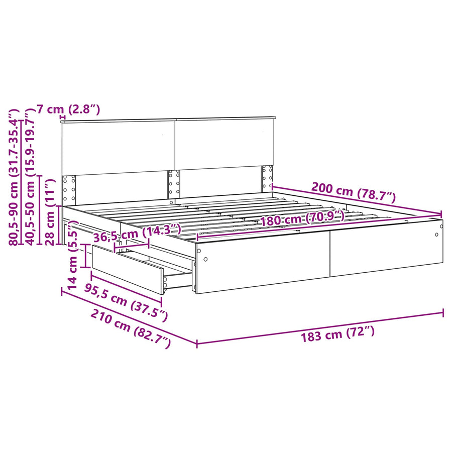 Opslag bed met lade Gerookt eiken 180 x 200 cm Bewerkt hout