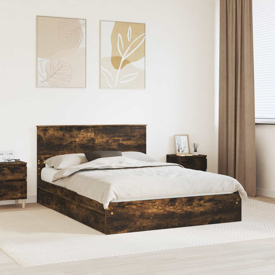 Opslag bed met lade Gerookt eiken 160 x 200 cm Bewerkt hout