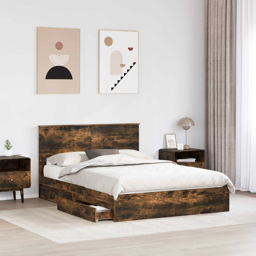 Opslag bed met lade Gerookt eiken 160 x 200 cm Bewerkt hout
