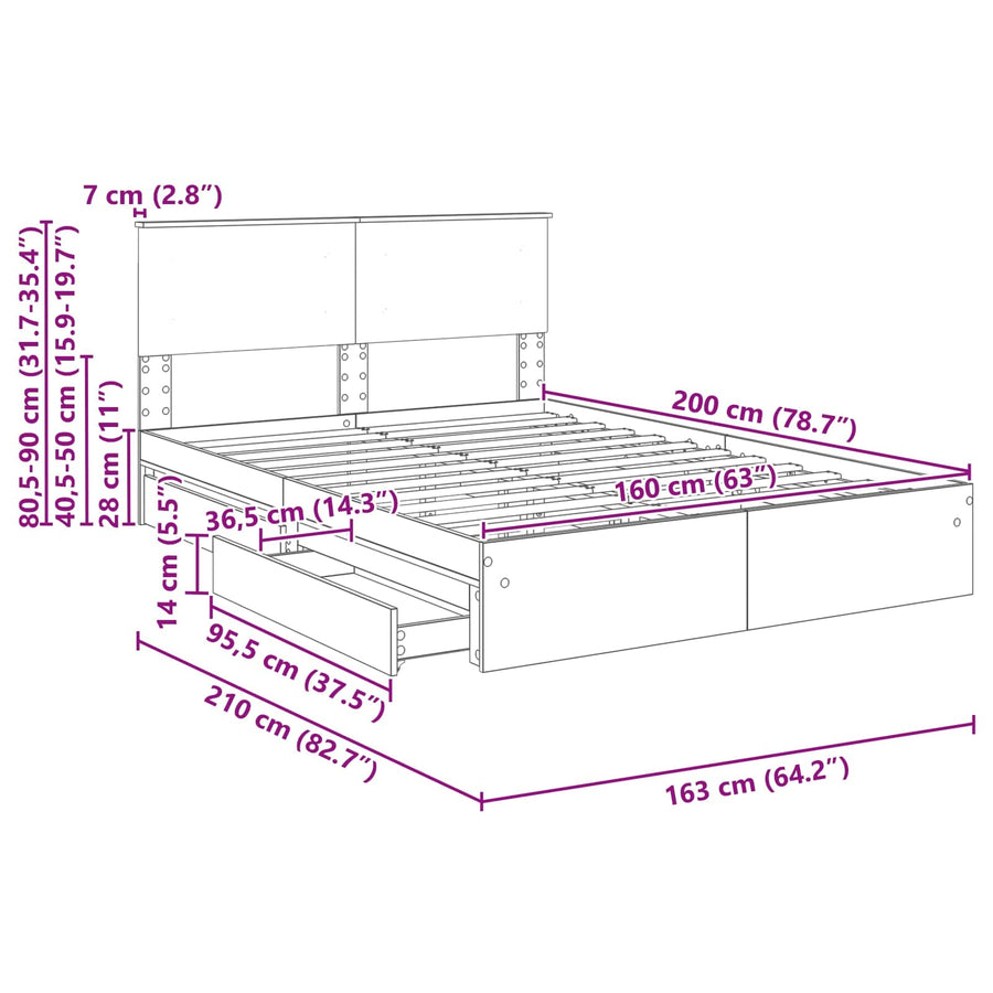 Opslag bed met lade Grijs Sonoma 160 x 200 cm Bewerkt hout