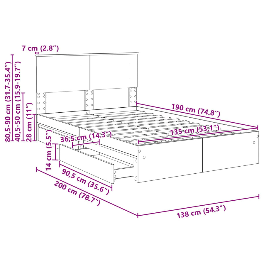 Opslag bed met lade Sonoma Eiken 135 x 190 cm Bewerkt hout