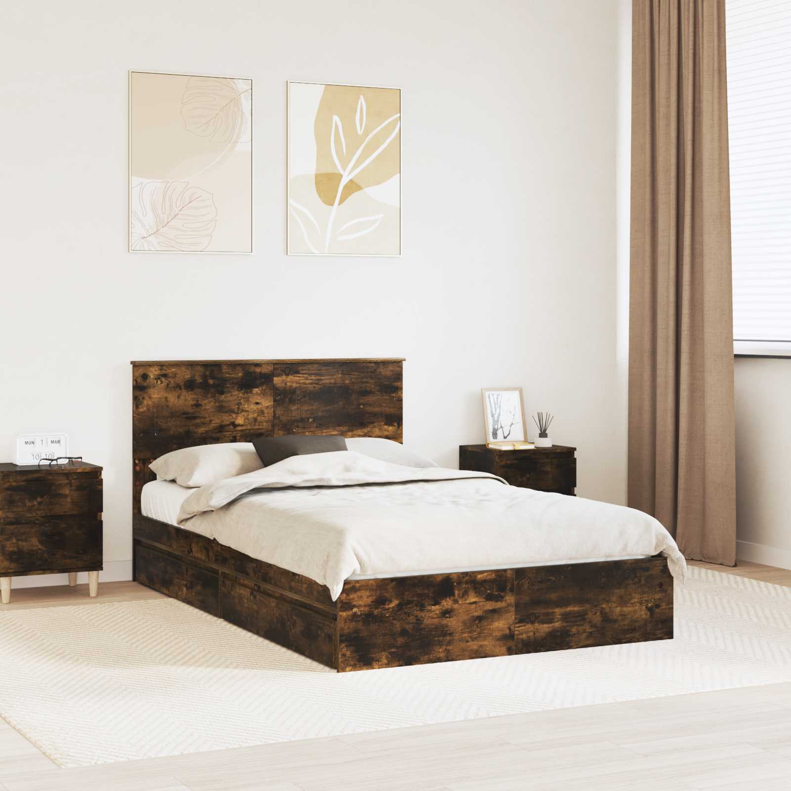 Opslag bed met lade Gerookt eiken 135 x 190 cm Bewerkt hout