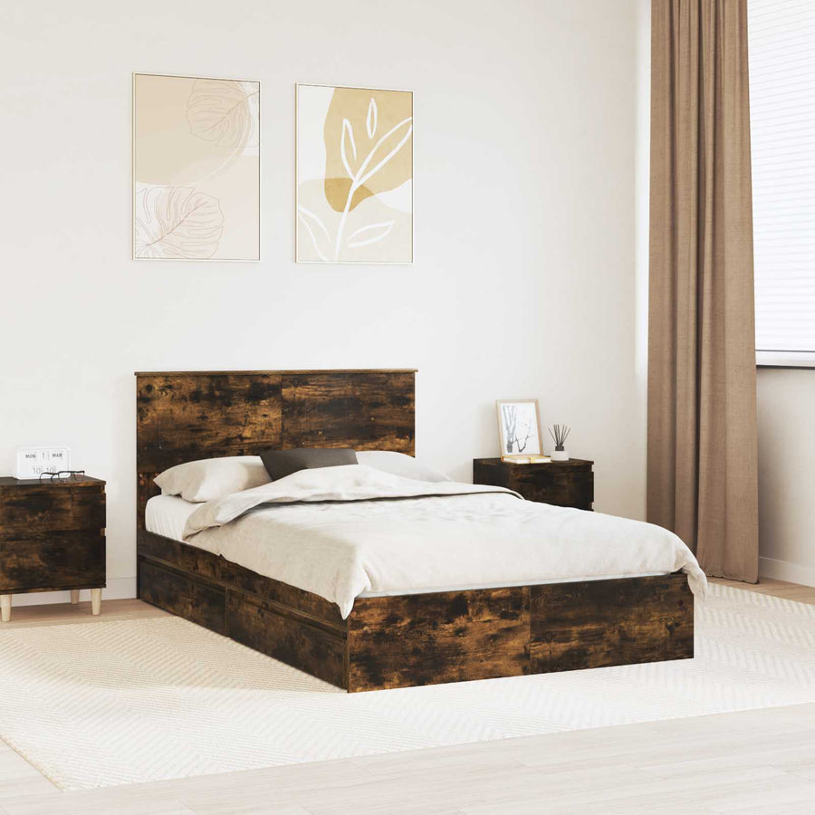 Opslag bed met lade Gerookt eiken 135 x 190 cm Bewerkt hout