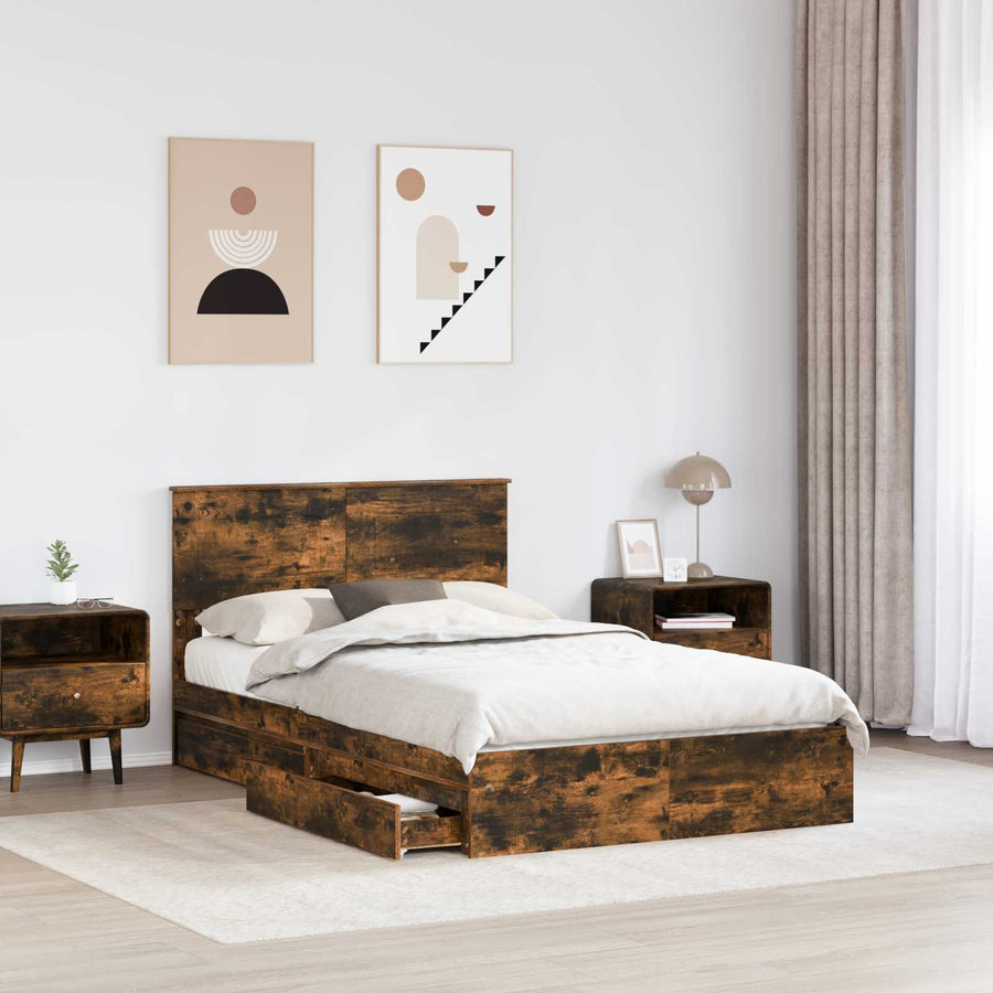 Opslag bed met lade Gerookt eiken 135 x 190 cm Bewerkt hout
