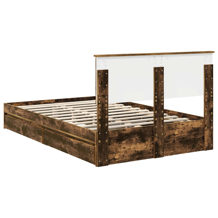 Opslag bed met lade Gerookt eiken 135 x 190 cm Bewerkt hout