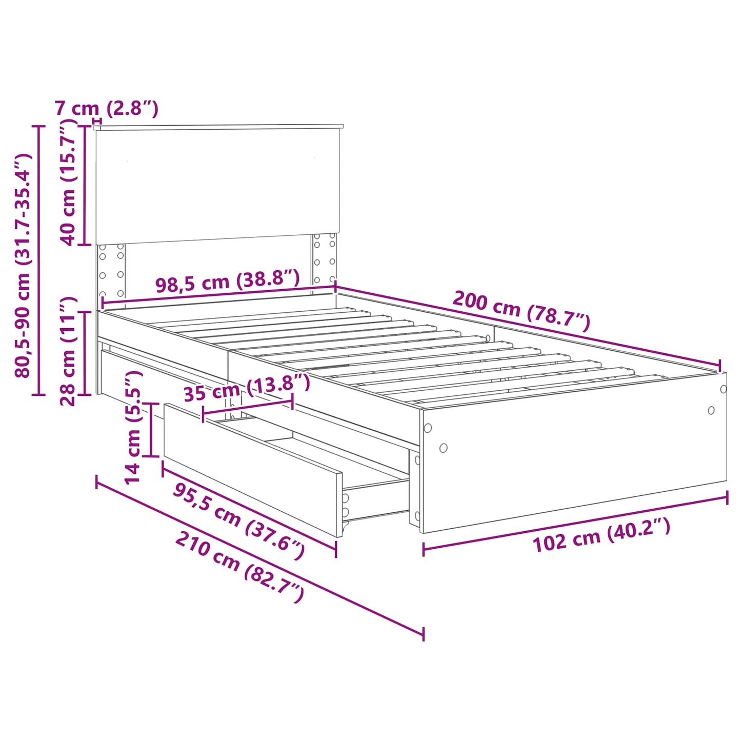 Opslag bed met lade Sonoma Eiken 100 x 200 cm Bewerkt hout
