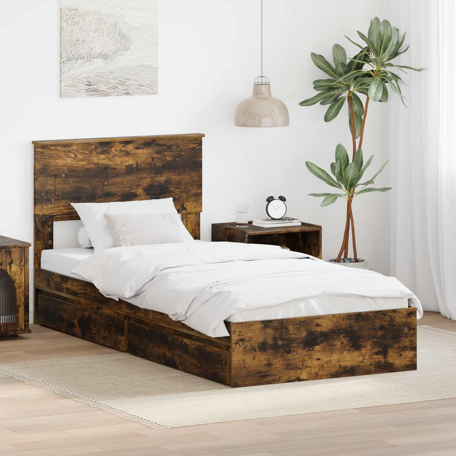 Opslag bed met lade Gerookt eiken 100 x 200 cm Bewerkt hout