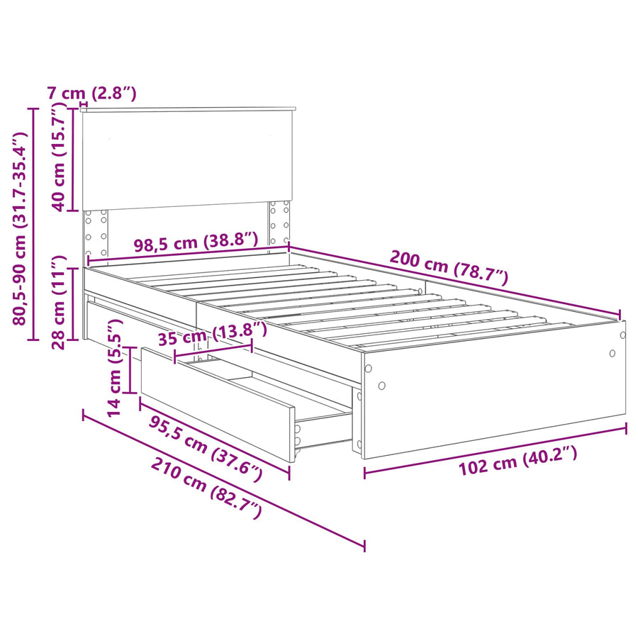 Opslag bed met lade Gerookt eiken 100 x 200 cm Bewerkt hout