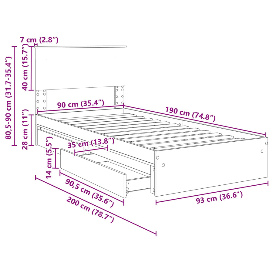 Opslag bed met hoofdeinde Zwart 90 x 190 cm Bewerkt hout