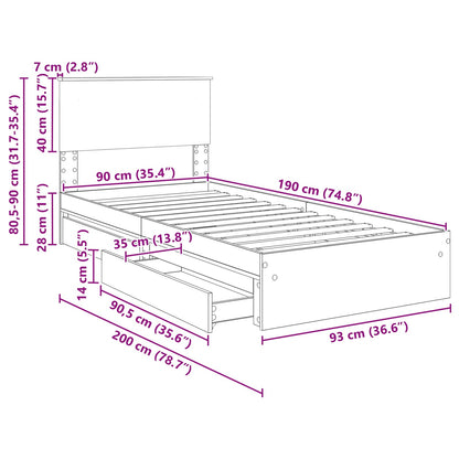 Opslag bed met hoofdeinde Beton Grijs 90 x 190 cm Bewerkt hout