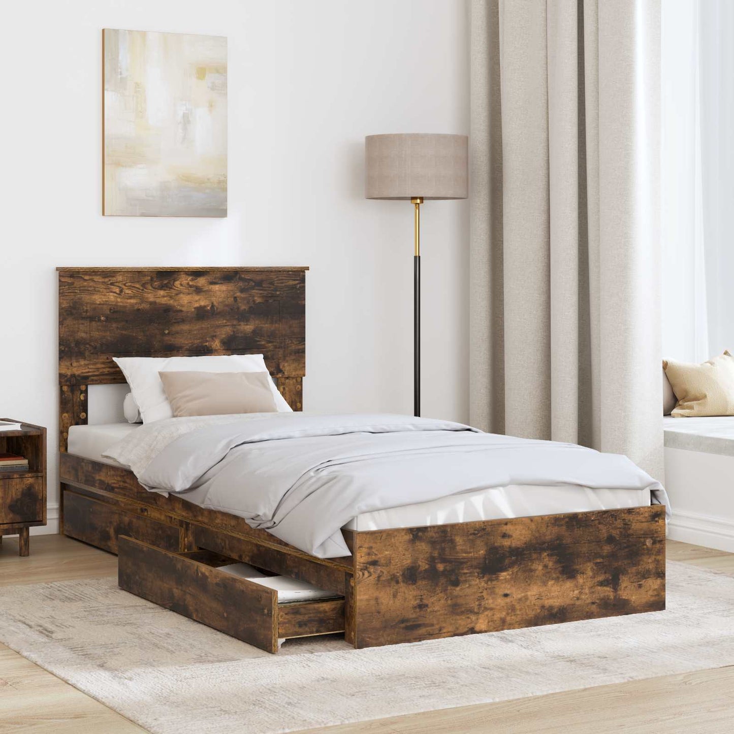 Opslag bed met lade Gerookt eiken 90 x 200 cm Bewerkt hout