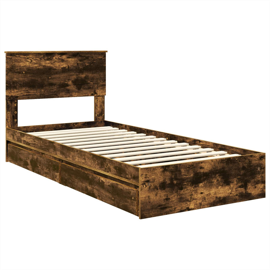 Opslag bed met lade Gerookt eiken 90 x 200 cm Bewerkt hout