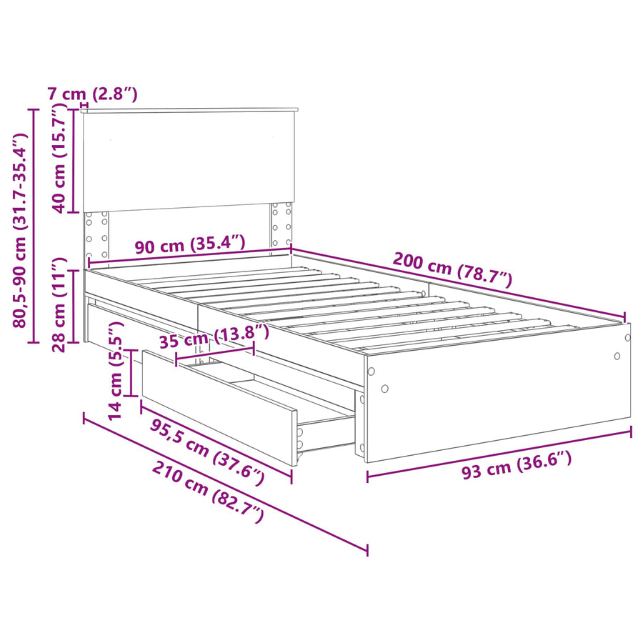 Opslag bed met lade Gerookt eiken 90 x 200 cm Bewerkt hout