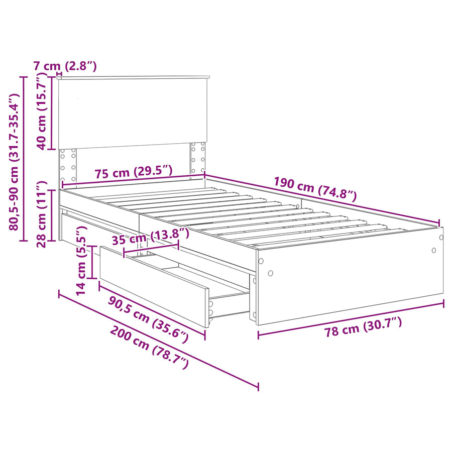 Opslag bed met hoofdeinde Sonoma Eiken 75 x 190 cm Bewerkt hout