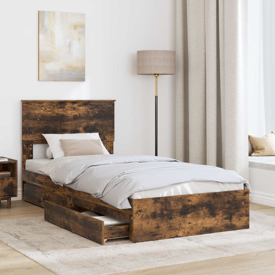 Opslag bed met lade Gerookt eiken 75 x 190 cm Bewerkt hout