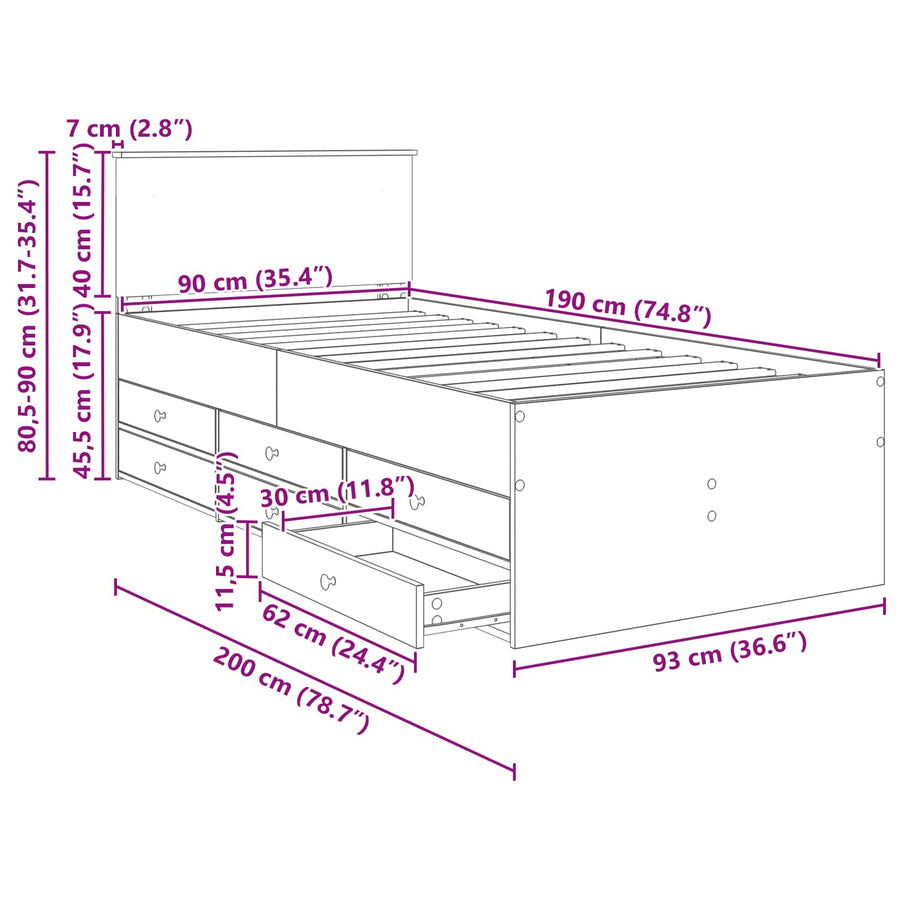 Slaapbank Gerookt Eiken en Zwart 90 x 190 cm Bewerkt hout