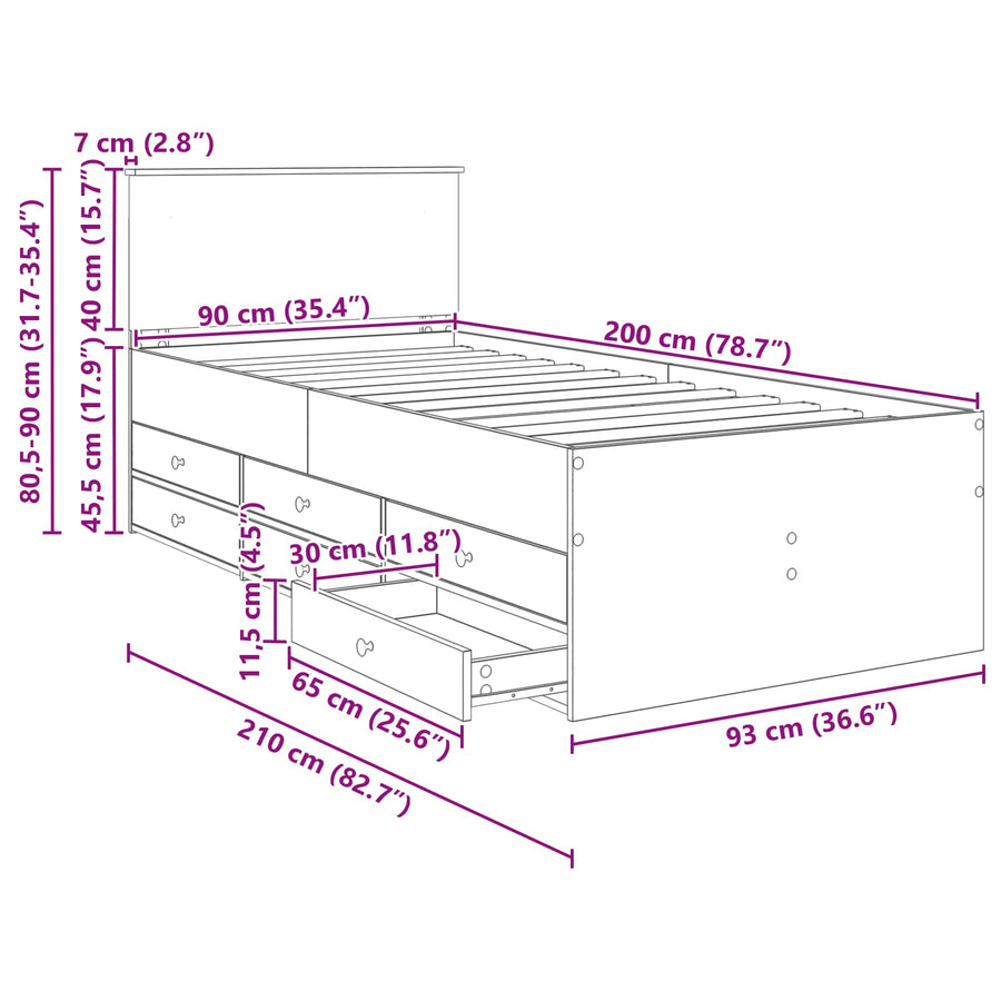 Slaapbank Gerookt Eiken en Zwart 90 x 200 cm Bewerkt hout