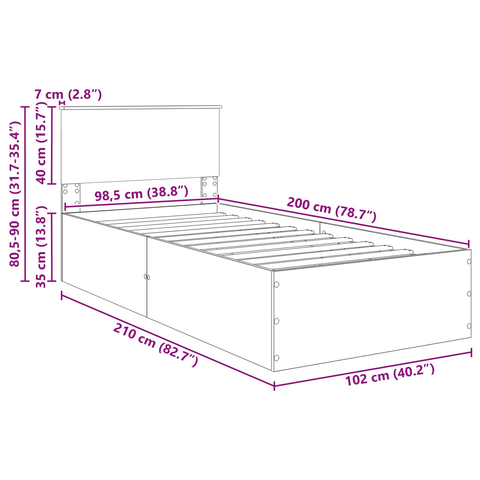 Bedframe met hoofdeinde Grijs Sonoma 100 x 200 cm Bewerkt hout