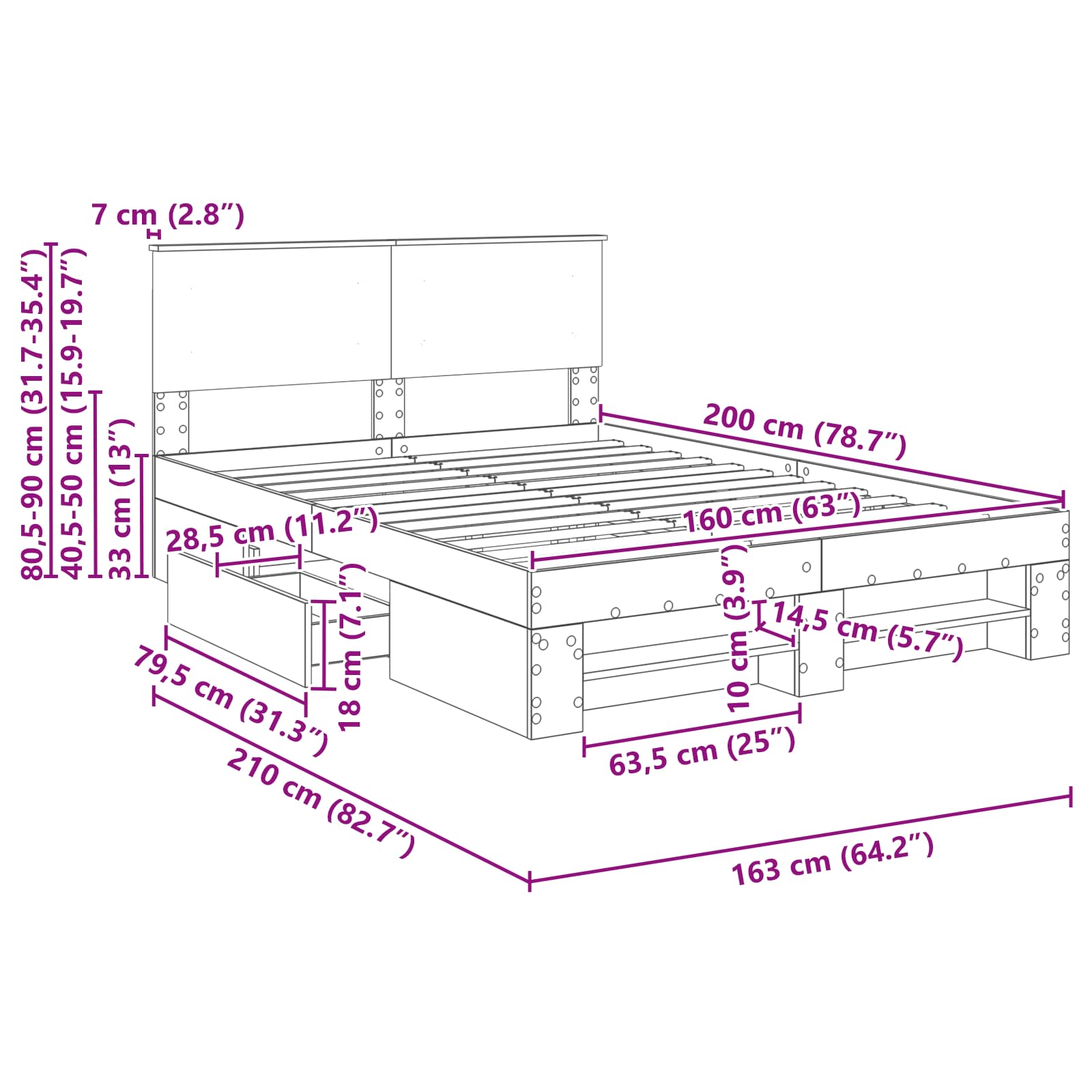 Bedframe met hoofdeinde Beton Grijs 160 x 200 cm Bewerkt hout