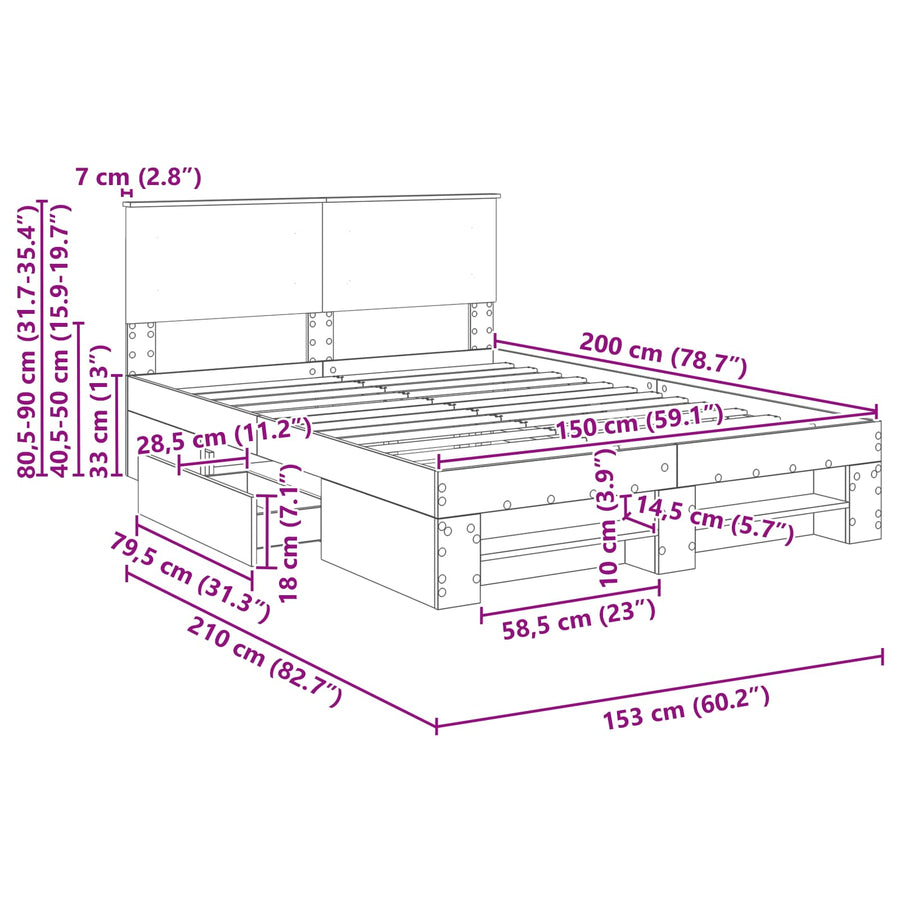Bedframe met hoofdeinde Sonoma Eiken 150 x 200 cm Bewerkt hout