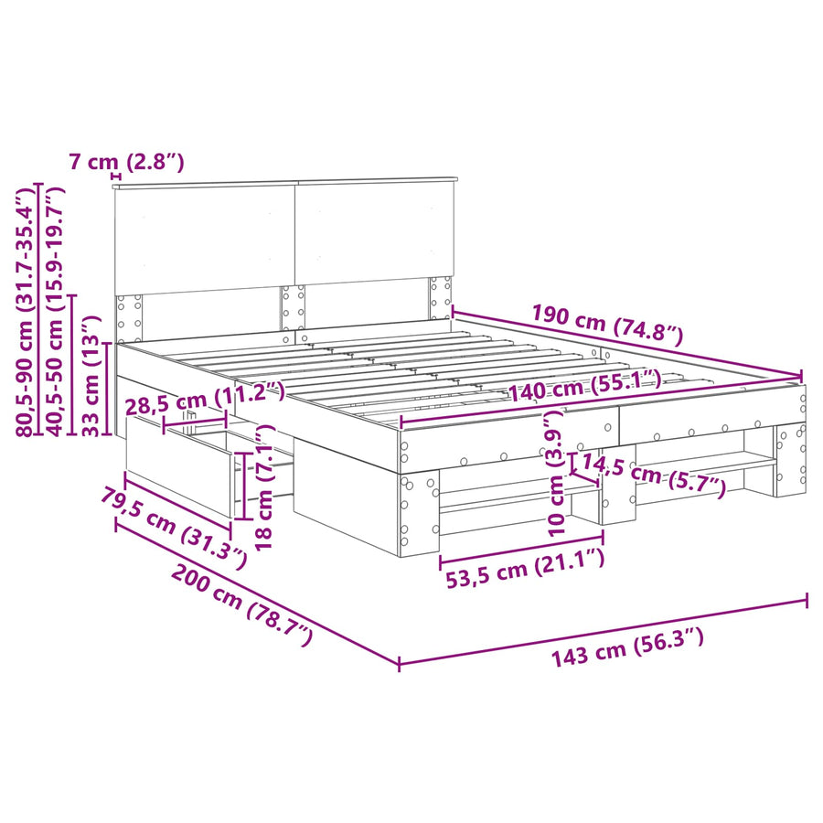 Bedframe met hoofdeinde Zwart 140 x 200 cm Bewerkt hout