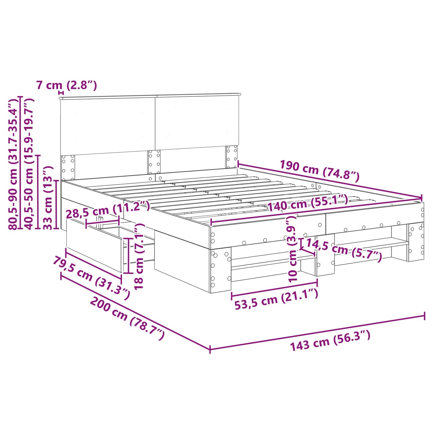Bedframe met hoofdeinde Beton Grijs 140 x 200 cm Bewerkt hout
