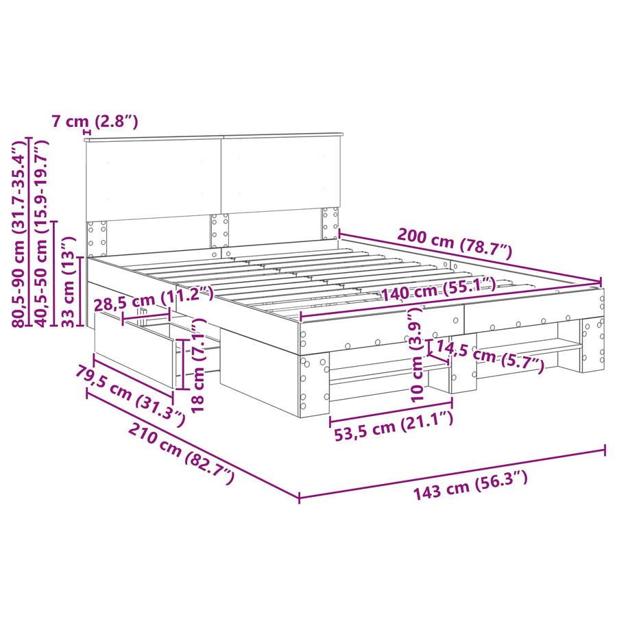 Bedframe met hoofdeinde Beton Grijs 140 x 200 cm Bewerkt hout