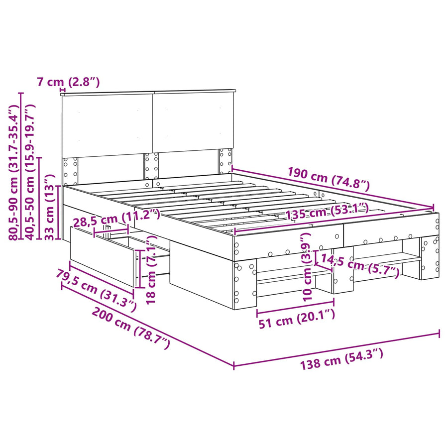 Bedframe met hoofdeinde Wit 137 x 203 cm Bewerkt hout