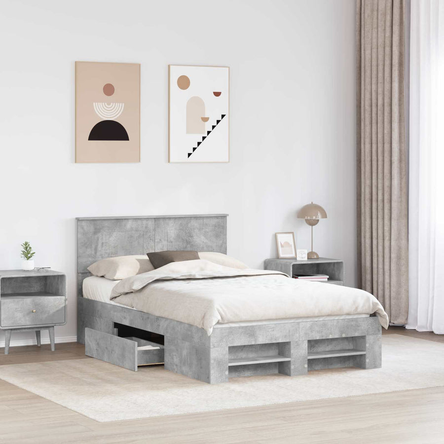 Bedframe met hoofdeinde Beton Grijs 137 x 203 cm Bewerkt hout