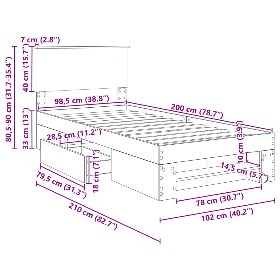 Bedframe met hoofdeinde Beton Grijs 100 x 200 m Bewerkt hout