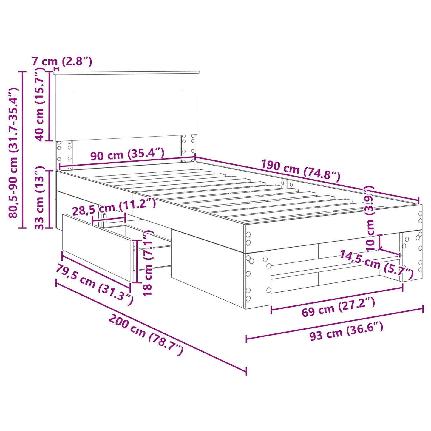 Bedframe met hoofdeinde Beton Grijs 90 x 200 cm Bewerkt hout