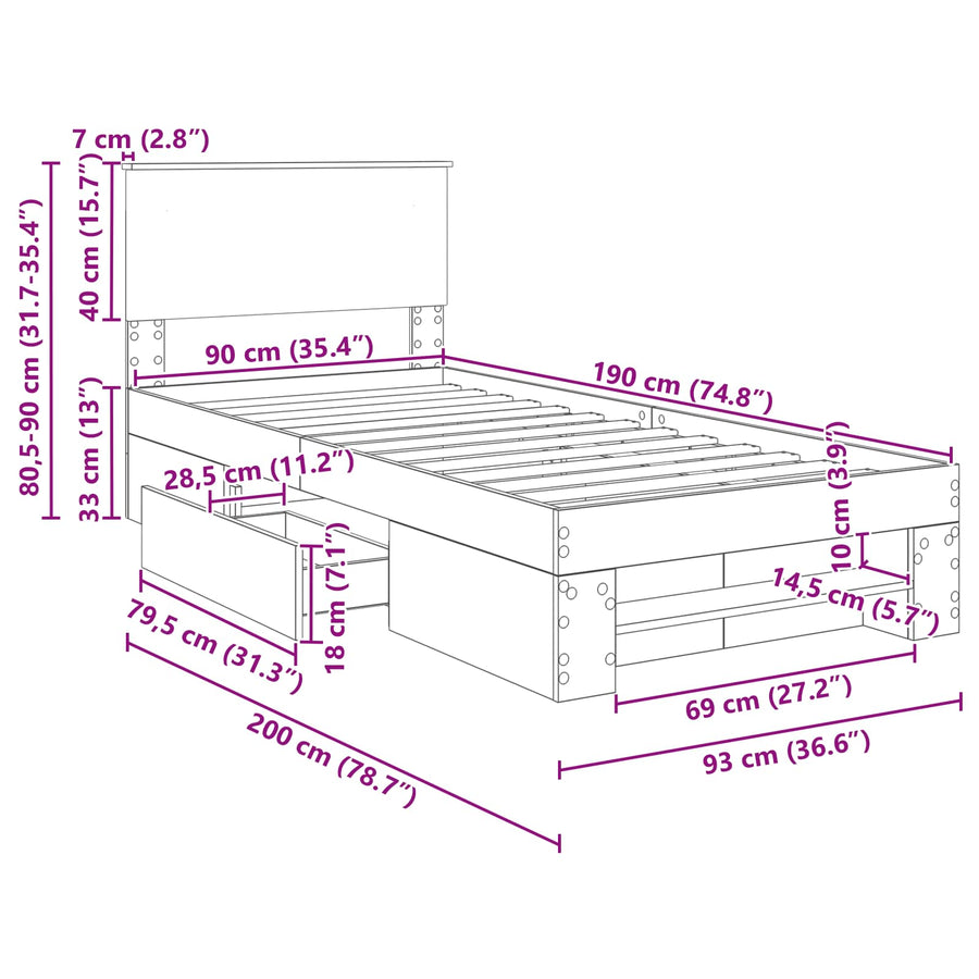 Bedframe met hoofdeinde Gerookt eiken 90 x 200 cm Bewerkt hout