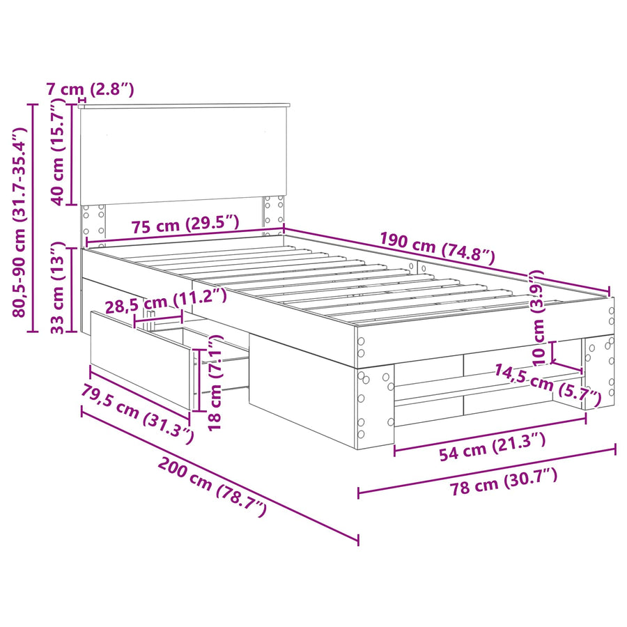 Bedframe met hoofdeinde Sonoma Eiken 80 x 200 cm Bewerkt hout